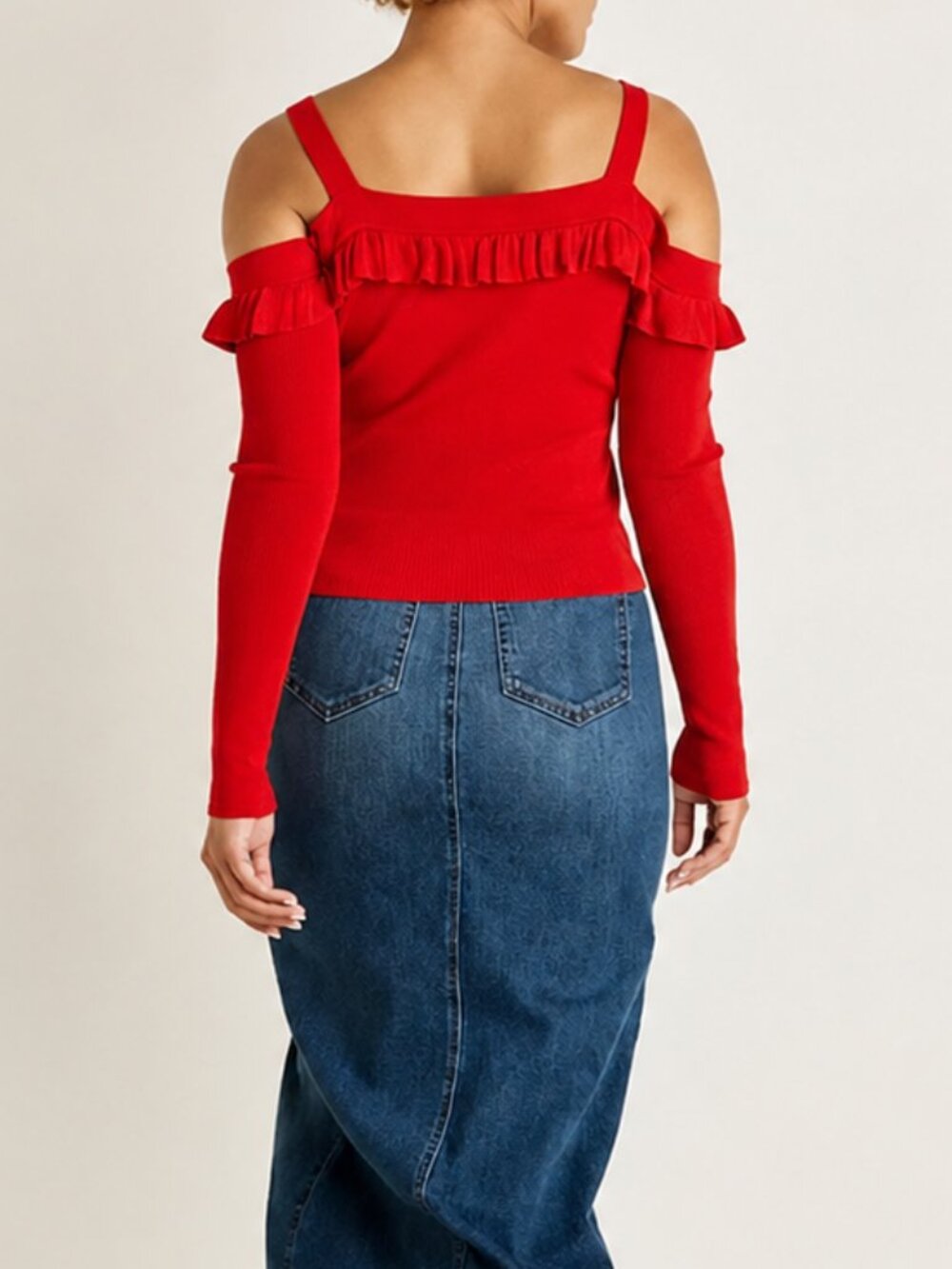 Venus Cold Shoulder Ruffle Top Red Large - Picture 2 of 3